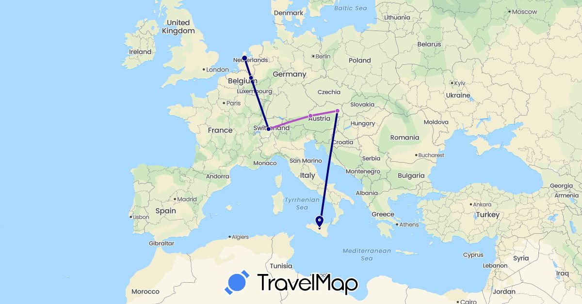 TravelMap itinerary: driving, train in Austria, Switzerland, Italy, Netherlands (Europe)